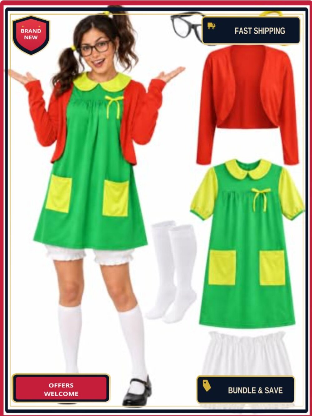 Womens Halloween Costume Set 7pc Retro Sitcom Dress Cardigan Socks